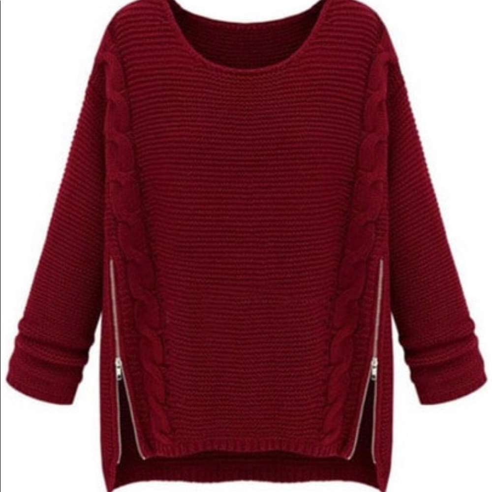 Wine red long sleeve side zipper cable knit